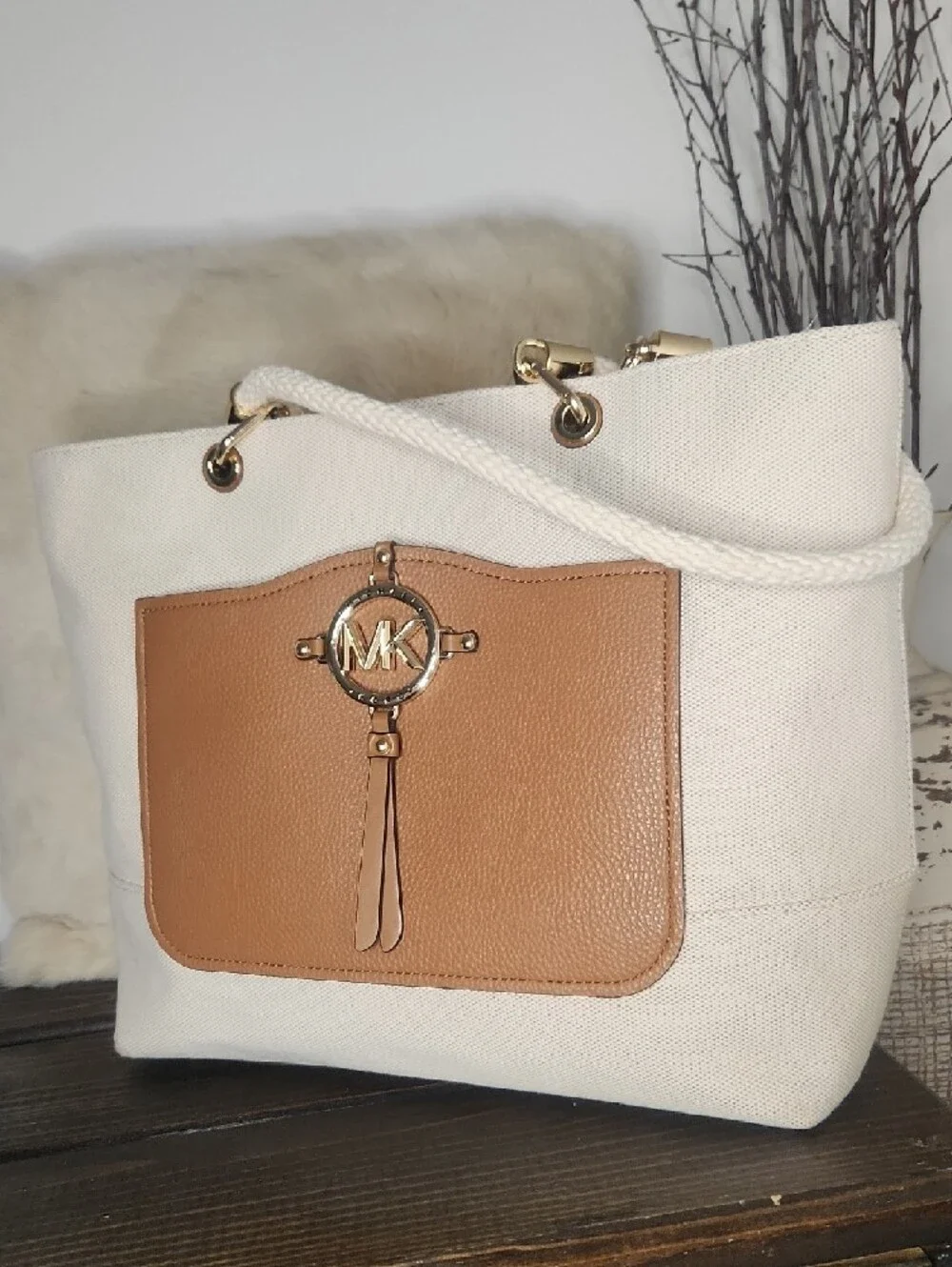 Michael Kors Cream Canvas Tote with Tan Leather Pocket
